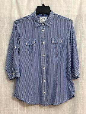 American Eagle “Favorite Shirt” Blue & White Striped Button Down 3/4 Sleeve Top